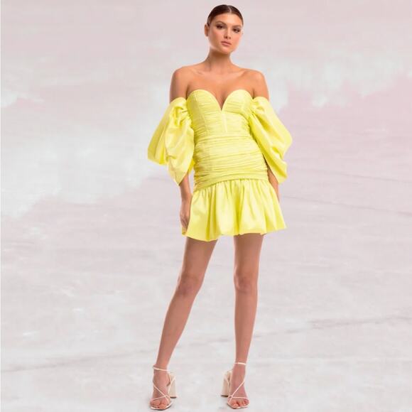 HELEN O’CONNOR Plisse Pleat Oversized Puff off the Shoulder Mini Dress Small NEW - Picture 2 of 7